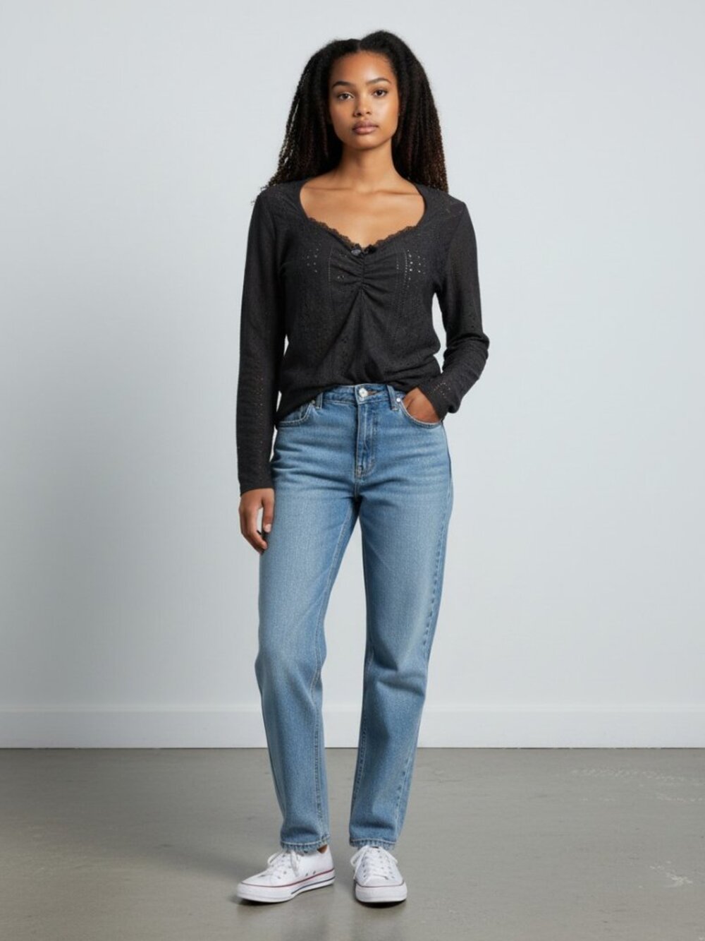 Black Eyelet Long Sleeve Top Size M